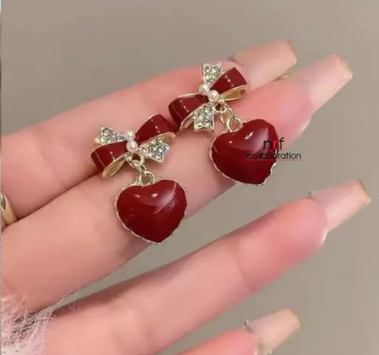 Korean Heart-Bow Drop Earrings