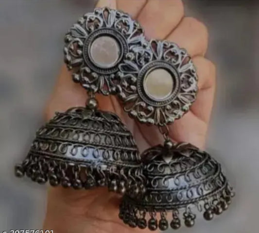 Oxidised Mirror Jhumkhas Earrings