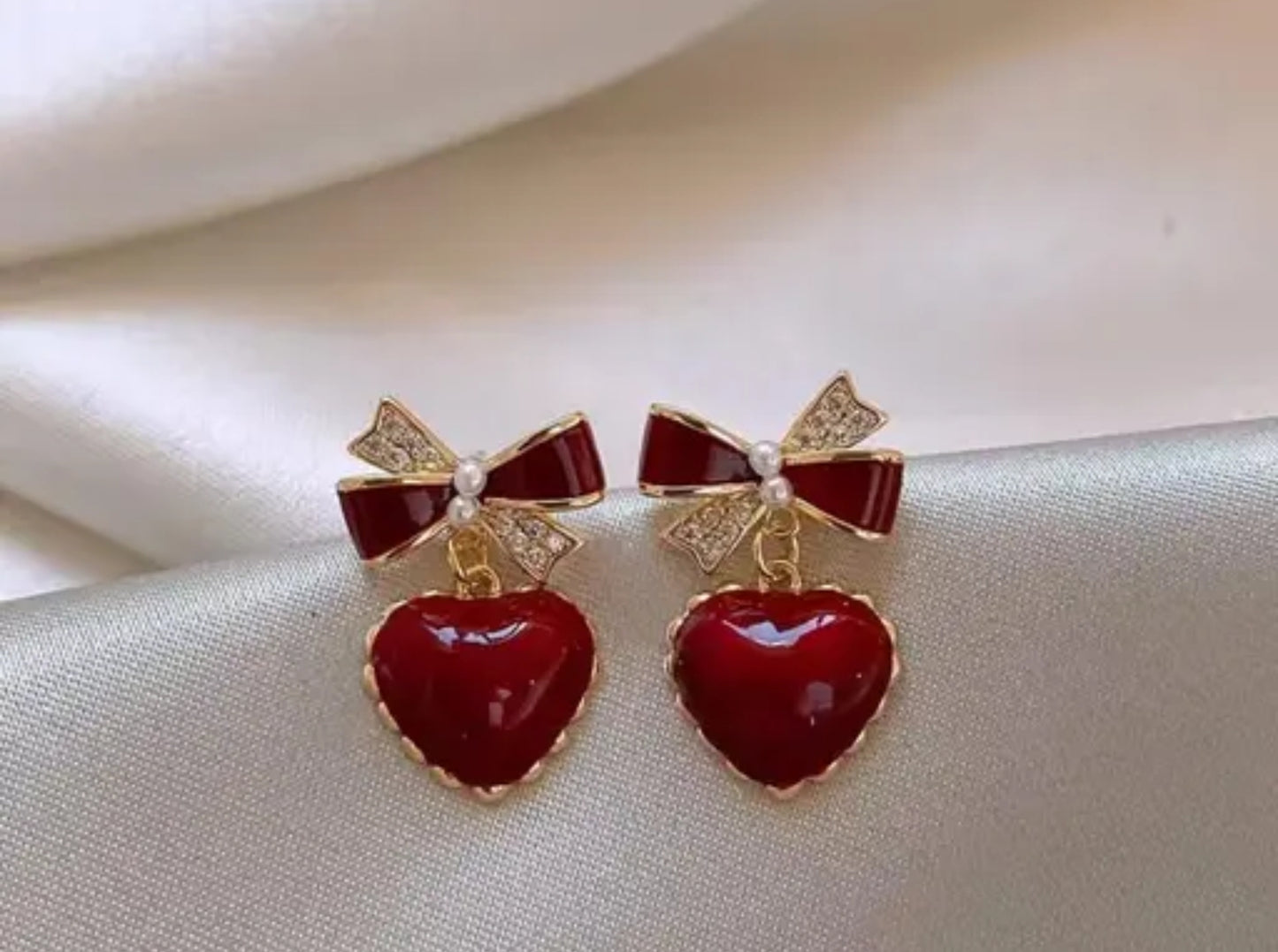 Korean Heart-Bow Drop Earrings