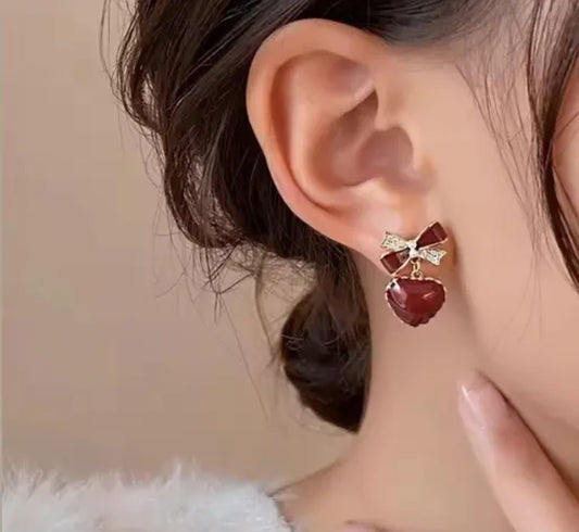 Korean Heart-Bow Drop Earrings
